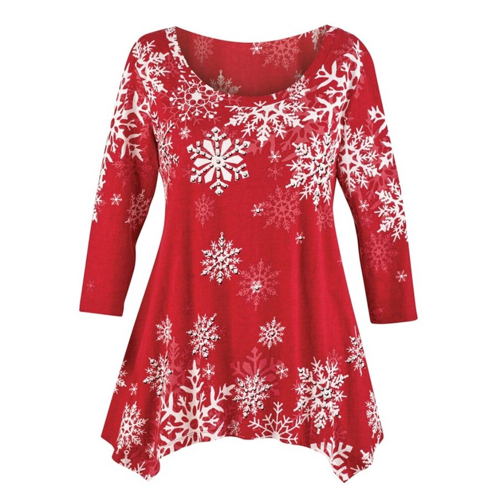 New XXL Red Sparkling Sequin Snowfall Christmas Holiday SharkBite Knit Tunic